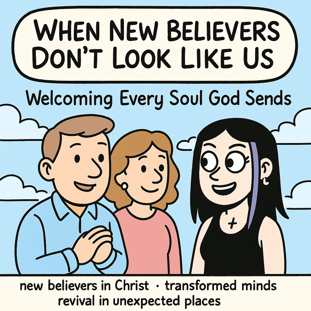 Cartoon of two smiling Christians welcoming a new believer dressed in dark clothing, illustrating acceptance, grace, and unity in Christ with the text “When New Believers Don’t Look Like Us: Welcoming Every Soul God Sends.”