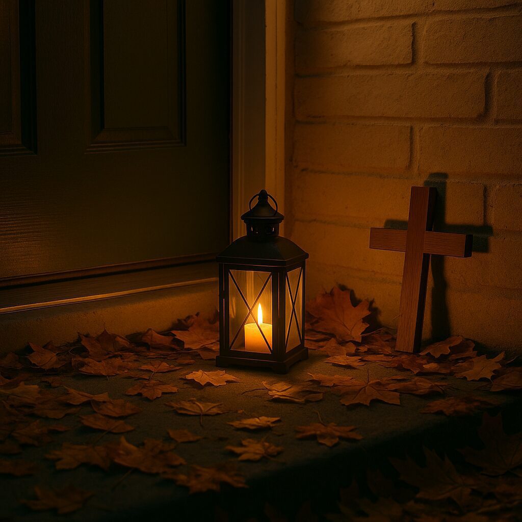 A softly glowing lantern and wooden cross on a porch surrounded by autumn leaves, symbolizing light shining in darkness.