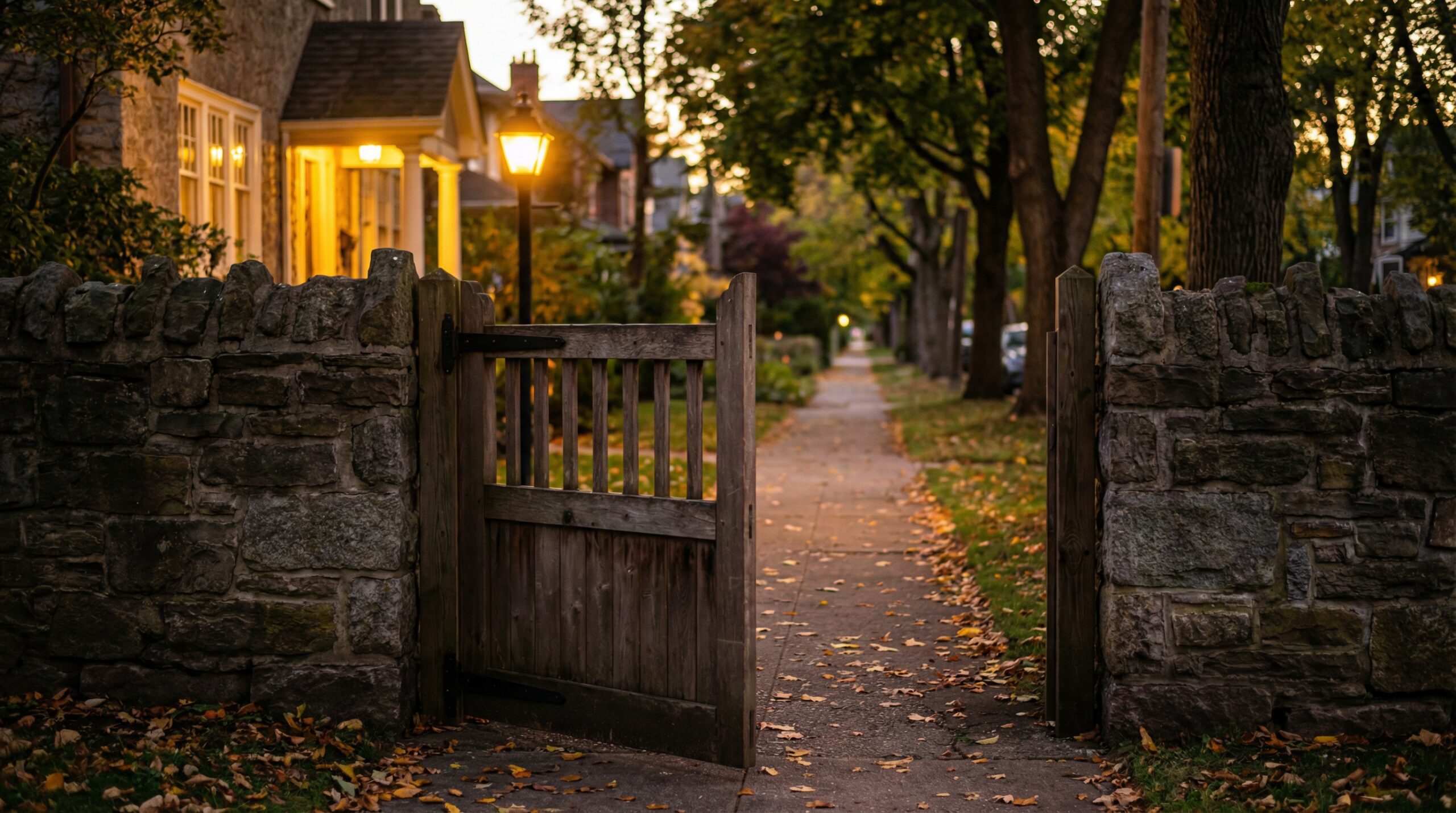 A wooden gate set in a stone wall standing ajar on an autumn neighborhood sidewalk at dusk