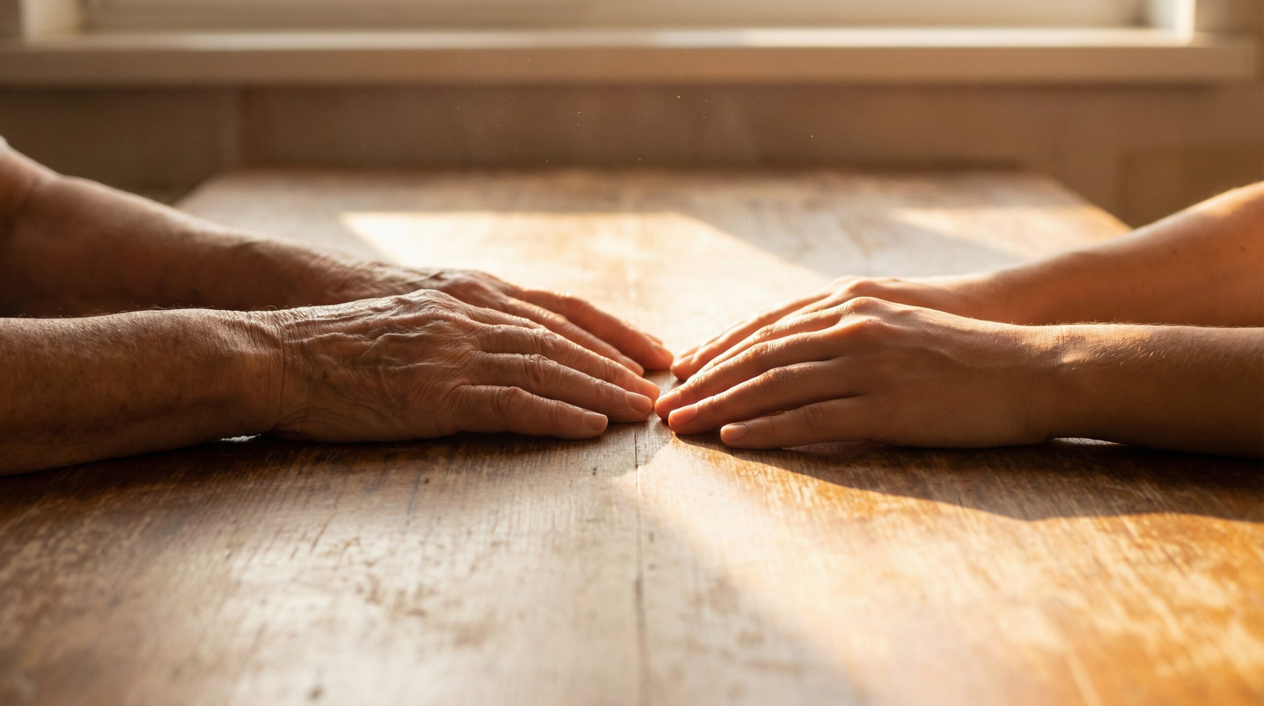 An elderly hand and a younger hand resting side by side on a wooden surface in warm morning light