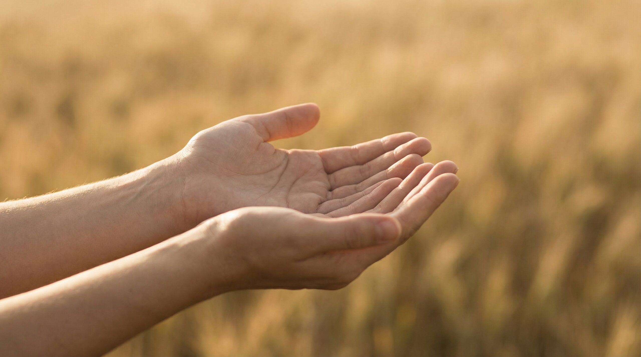 Two open hands held upward with palms facing up against a warm golden wheat field