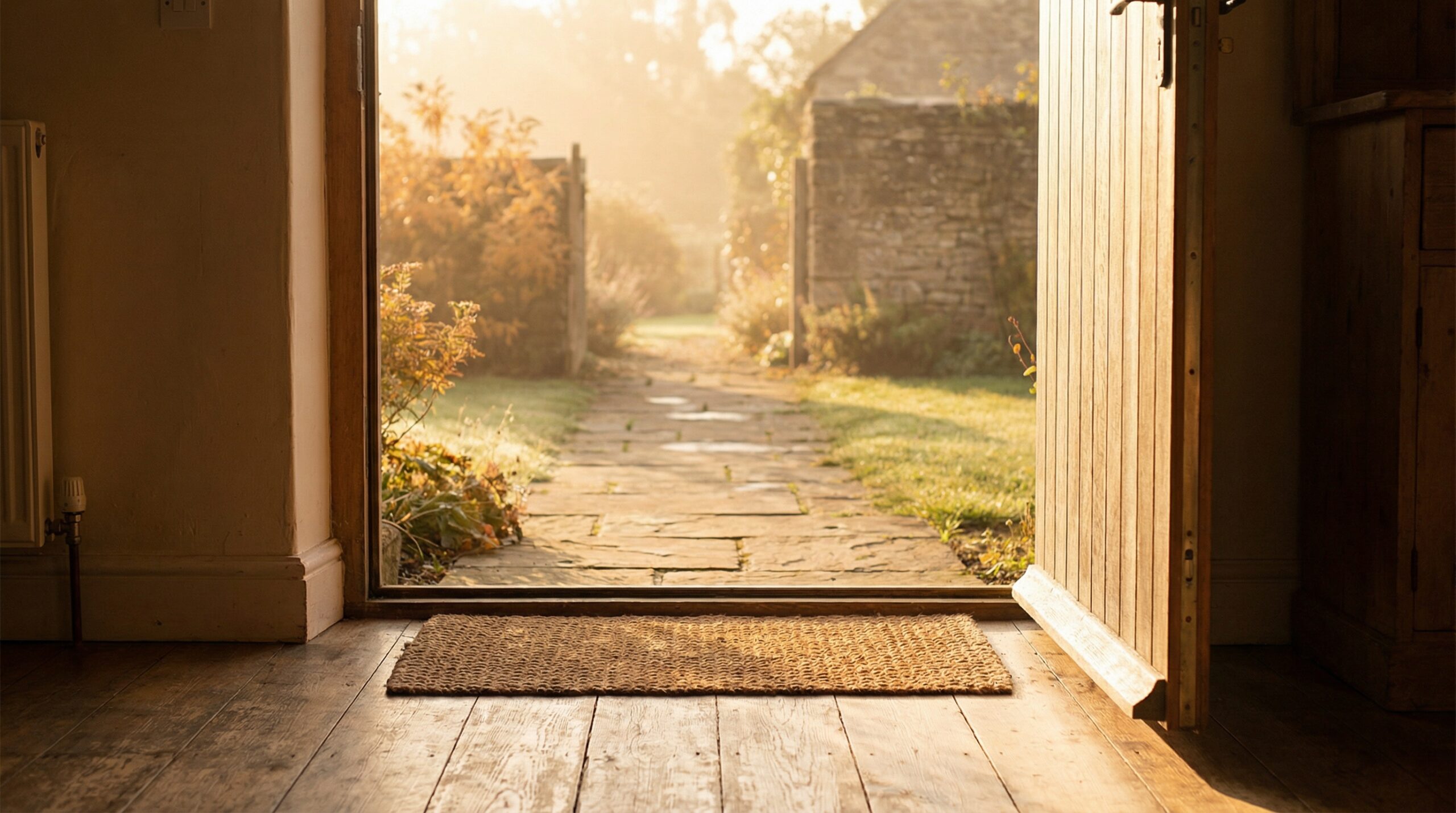 An open wooden door looking out toward a sunlit stone path through a garden gate in morning mist