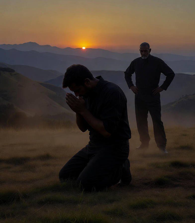 A humble man kneels in prayer as a judgmental Christian stands behind him, symbolizing the spirit of the Pharisee.