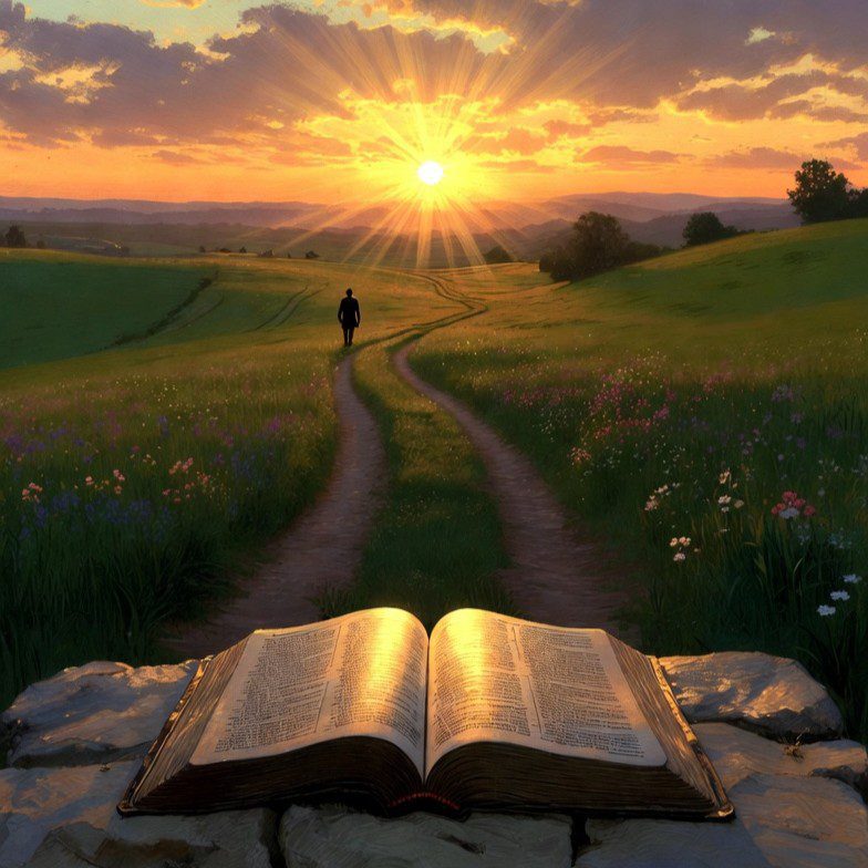 Sunrise over a winding path with an open Bible glowing in golden light, symbolizing living ready, recognizing the signs, and watching for Jesus’ return.