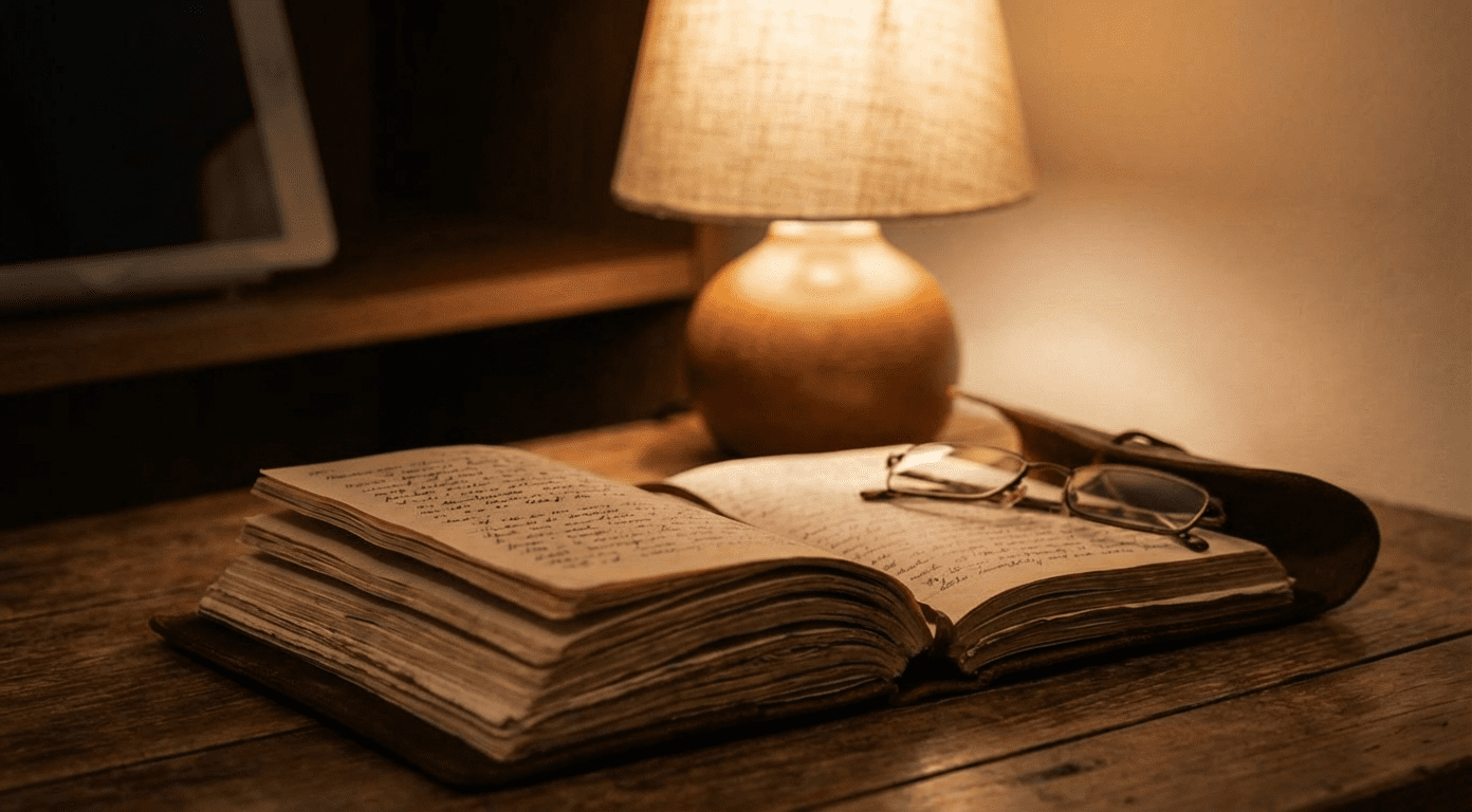 Open Bible on wooden surface in warm morning light