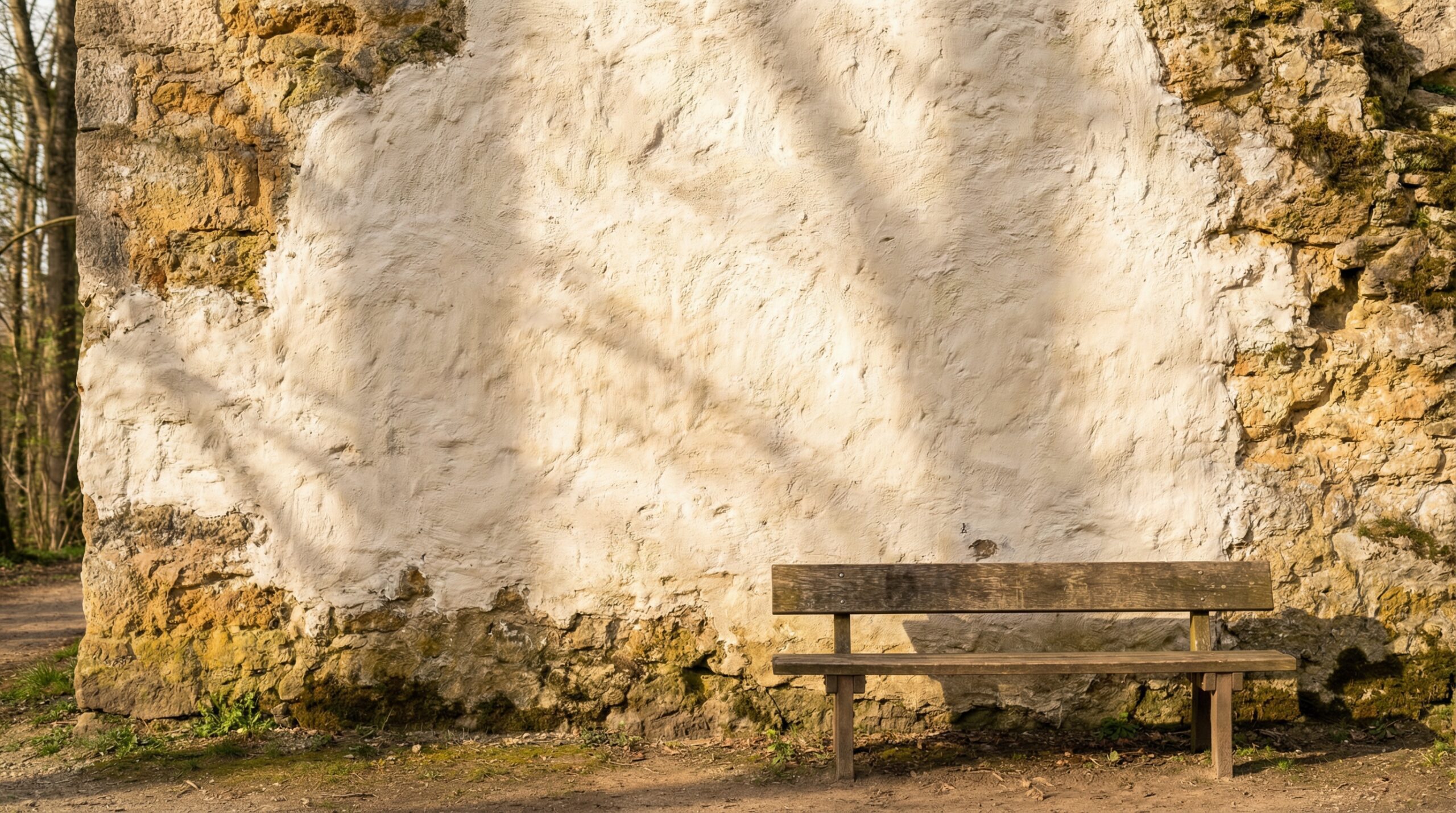 Partially whitewashed stone wall with old stone exposed beneath and weathered wooden bench in natural light