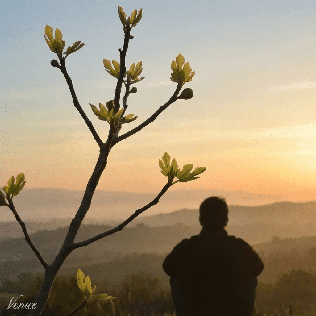 A fig tree branch with new leaves in the foreground as a person watches the sunrise over a quiet landscape, symbolizing faithful watchfulness and hope.