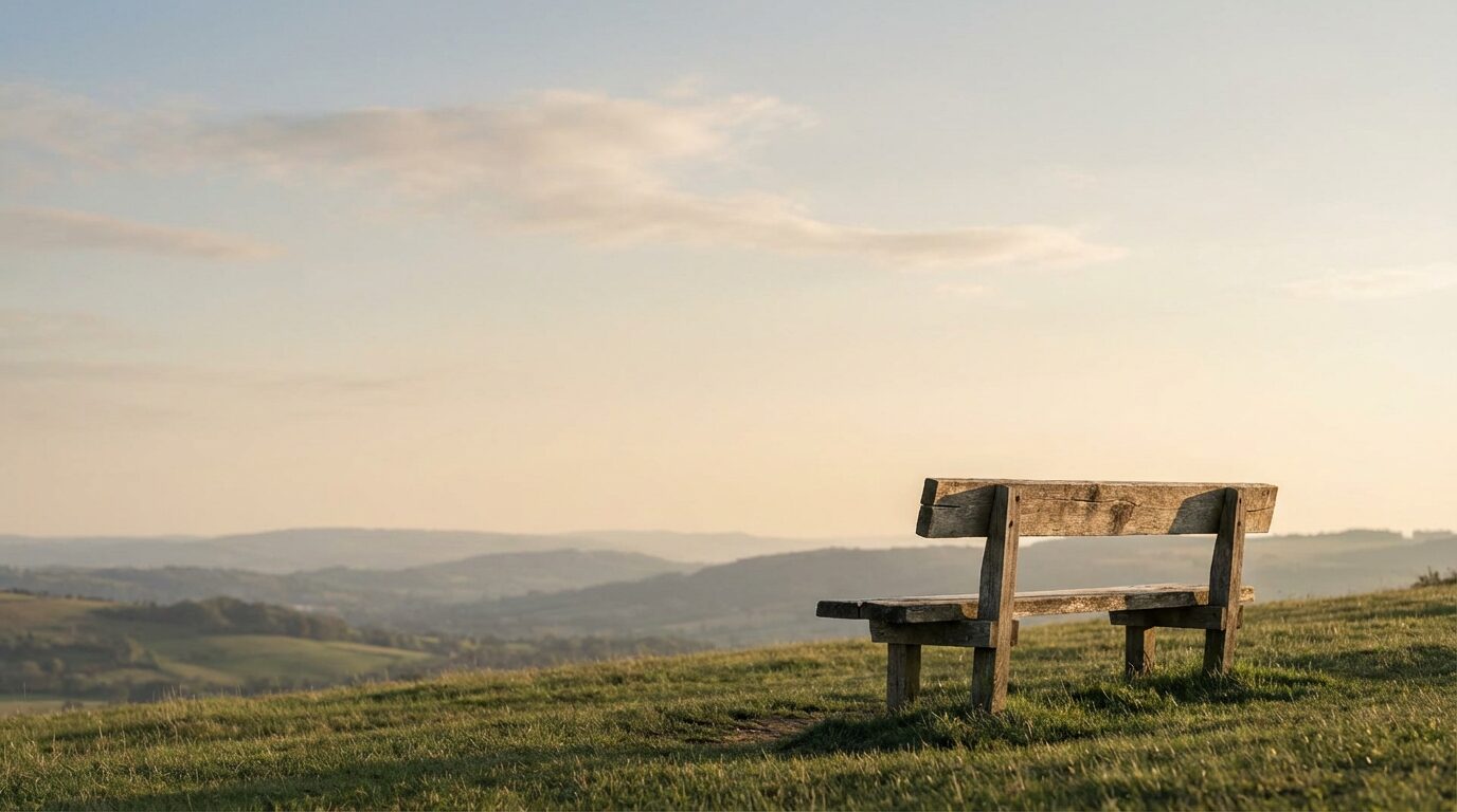 Empty wooden bench on grassy hillside overlooking peaceful valley at golden hour - Christian anxiety and rest in God's presence