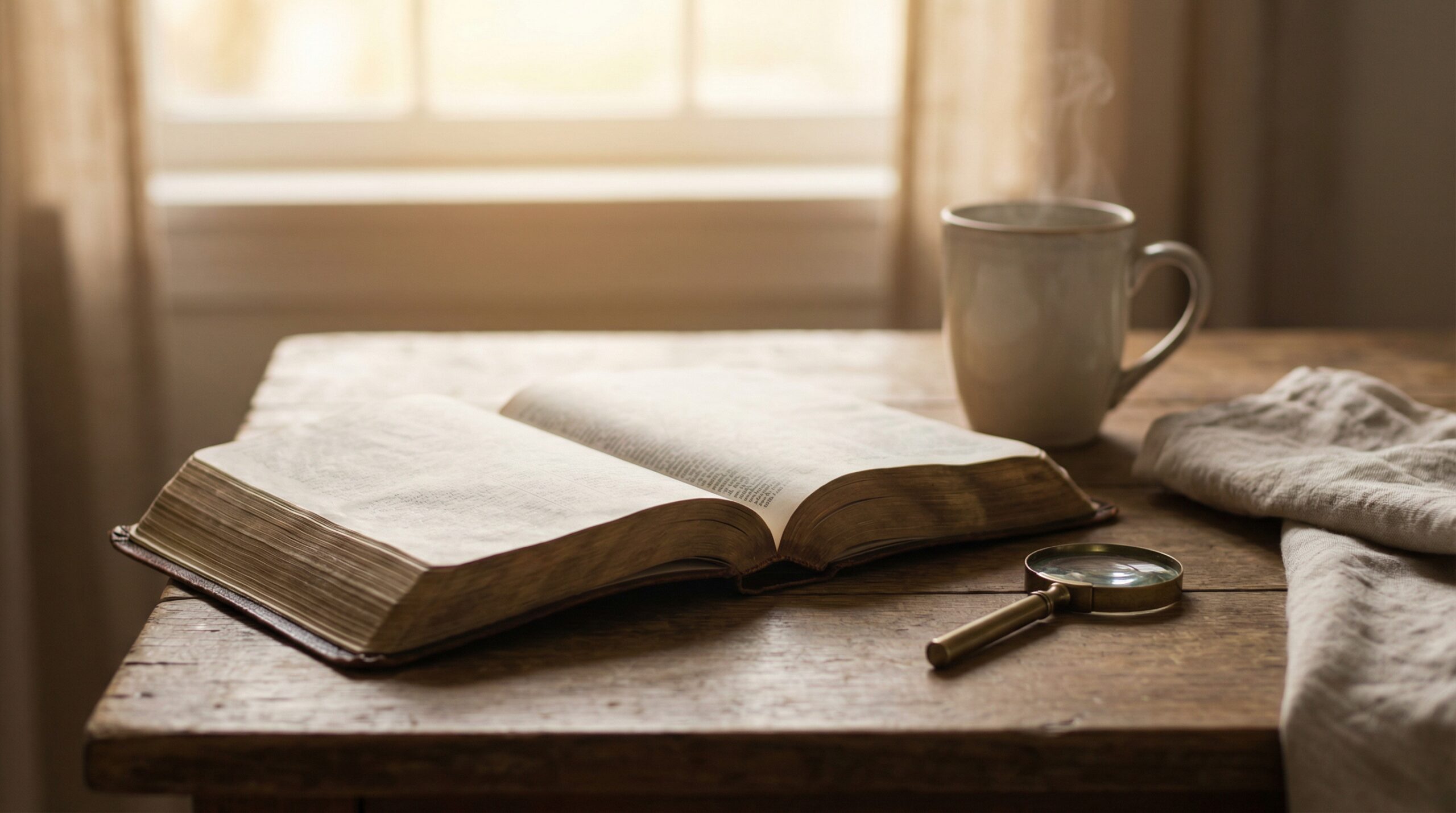 Open Bible with magnifying glass beside steaming mug on wooden table in warm morning light