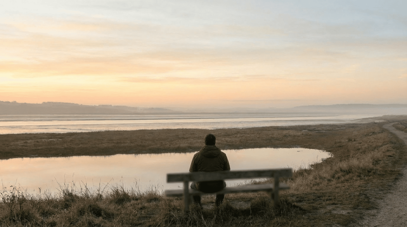 A person sitting quietly on a bench beside still water at sunrise, with an open path and distant horizon