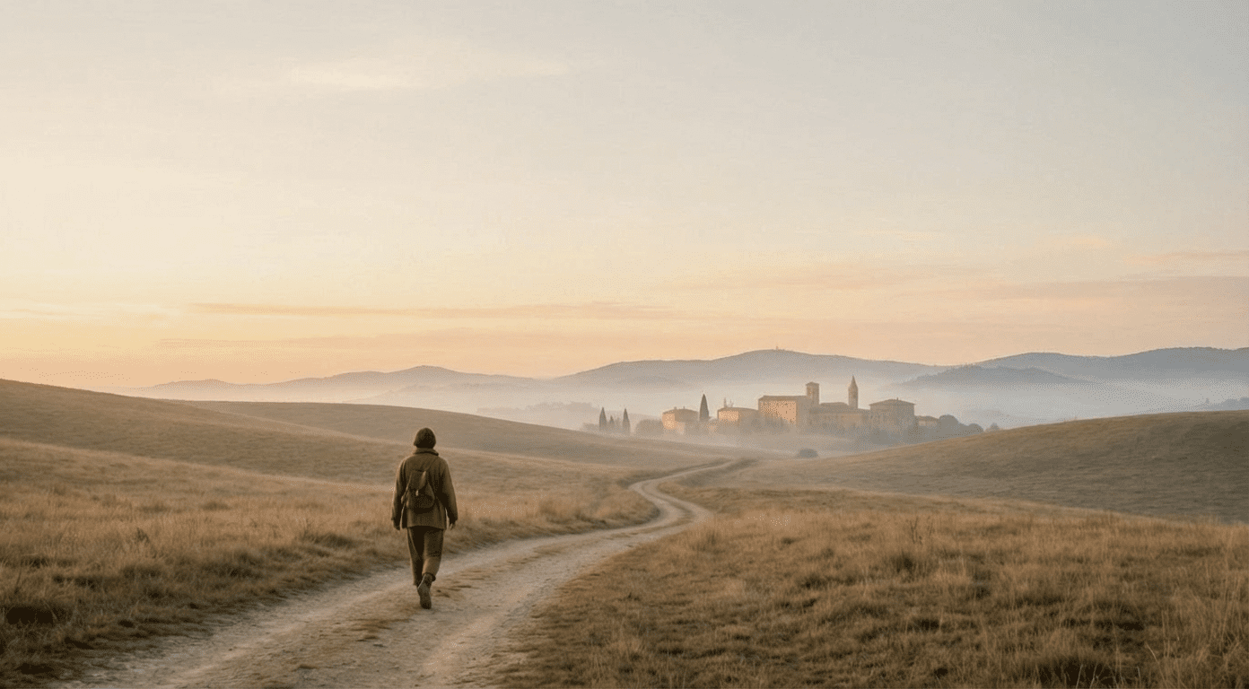 A person walking a winding path toward a distant city at sunrise, symbolizing Christian discipleship as steady growth under Christ’s reign.