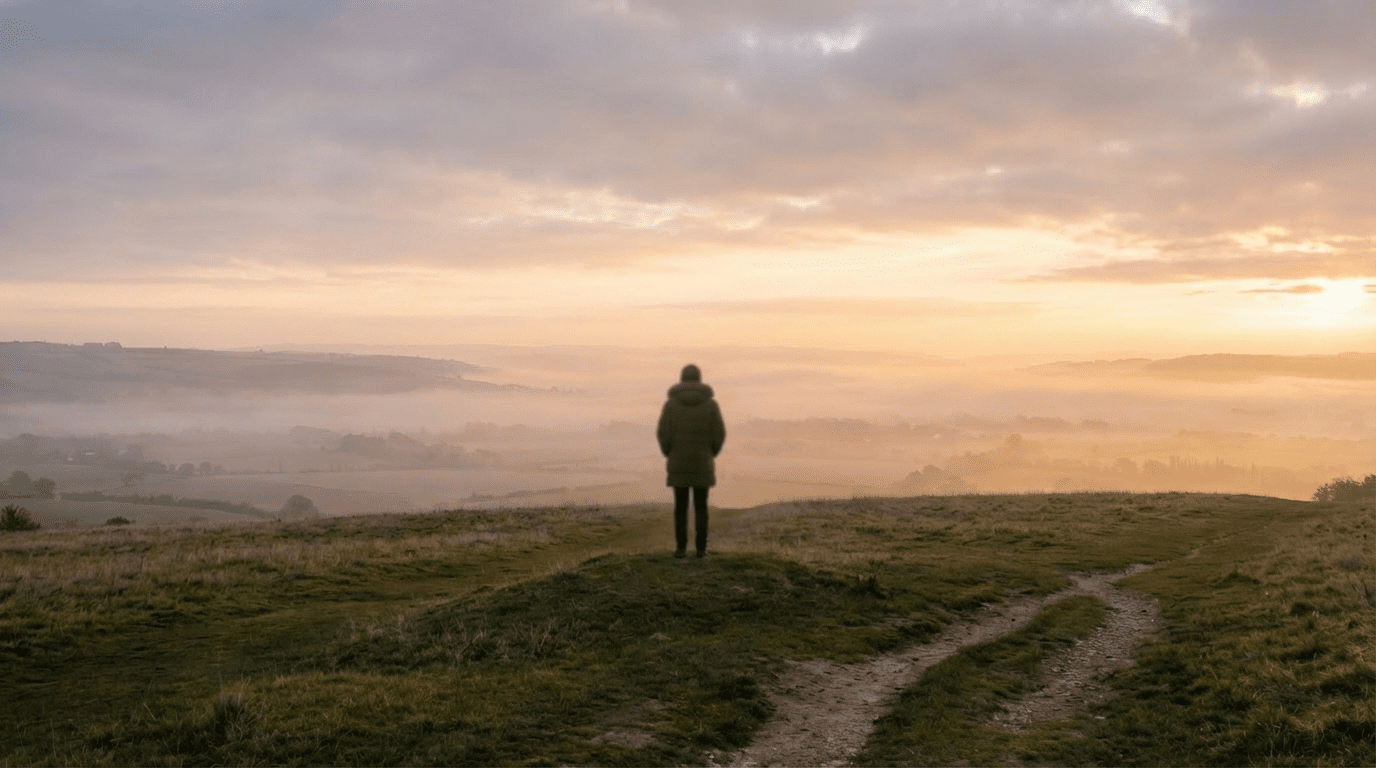 A person standing still on a hill at sunrise, overlooking a wide landscape in quiet reflection.