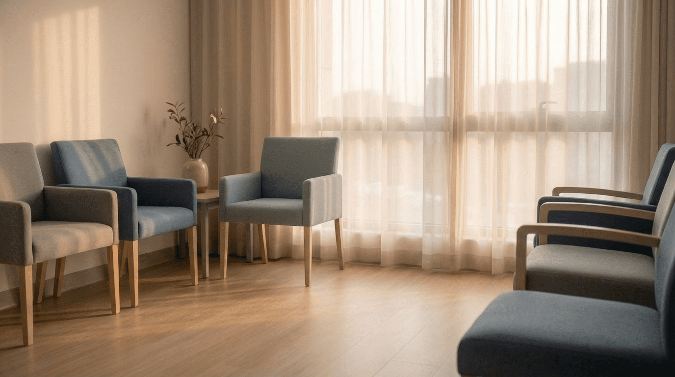 Quiet hospital waiting room with soft morning light and empty chairs, symbolizing patient endurance and hope