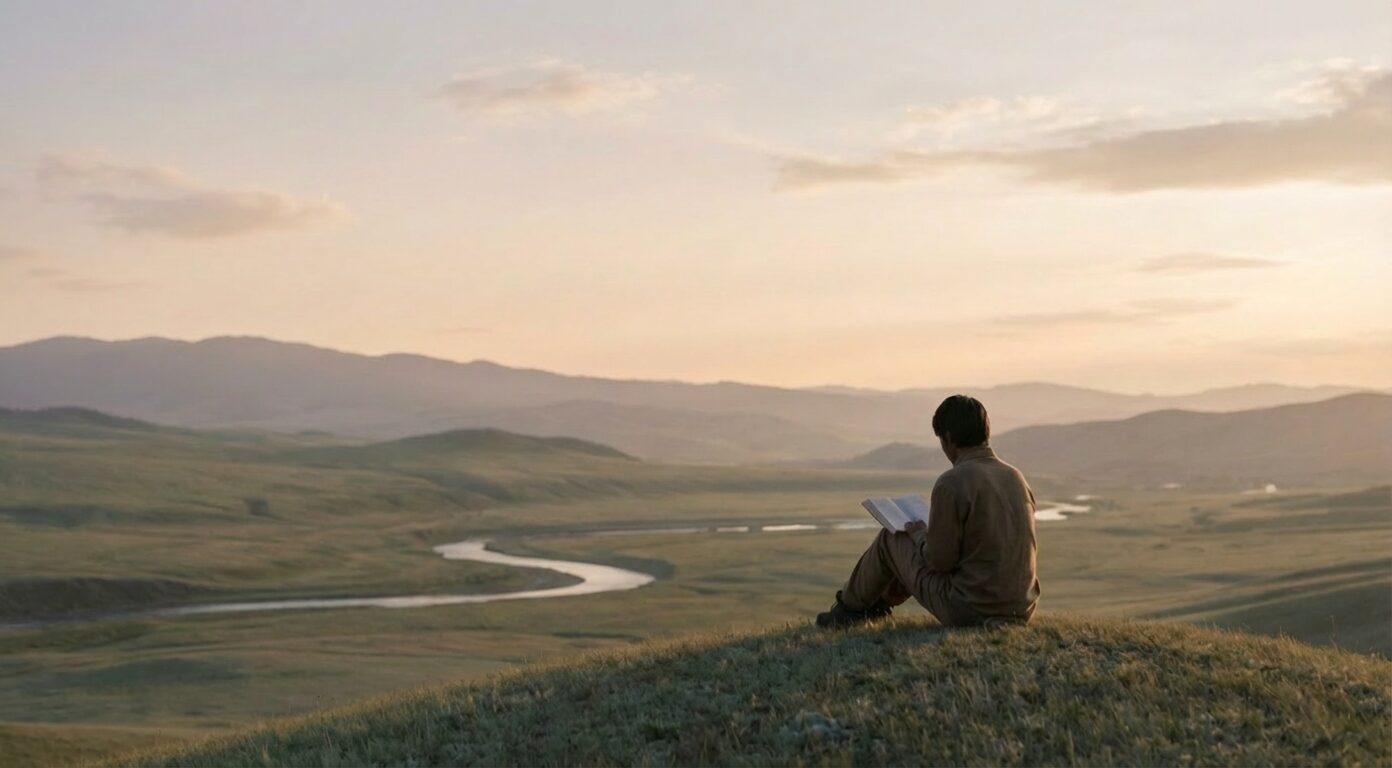 Man sitting on a hill reading an open Bible while overlooking a quiet valley and winding river at sunset.