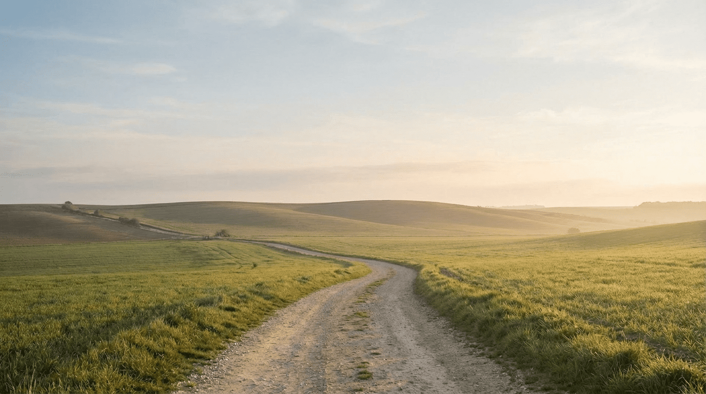 Quiet countryside path through open fields under soft morning light, reflecting rest and belonging rather than striving.