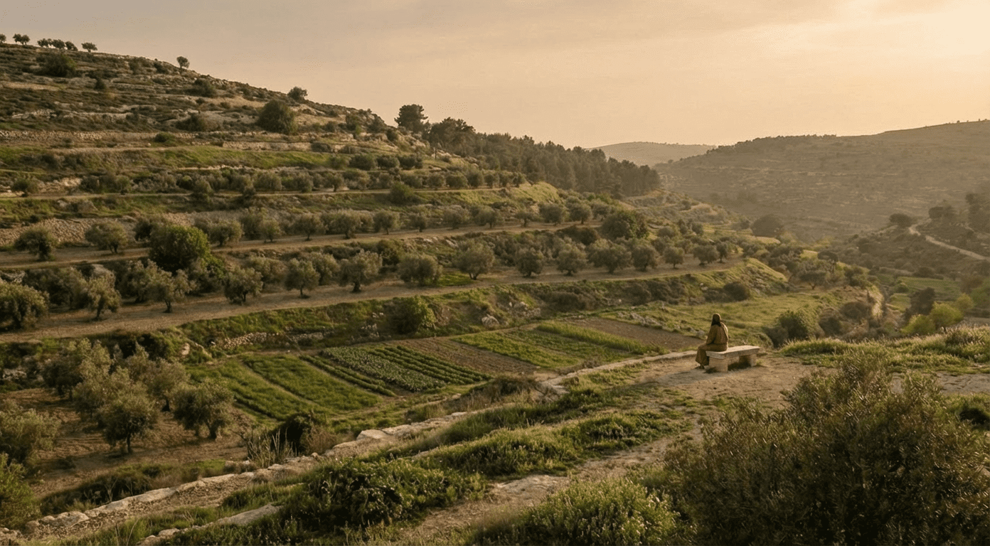 Terraced agricultural hills in Israel at golden hour with a solitary figure overlooking cultivated fields.