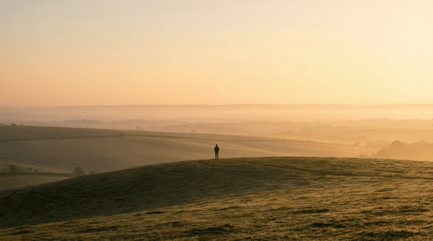 A lone figure standing quietly on a hillside at sunrise, looking out over a wide landscape