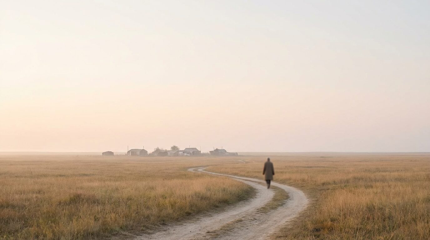 A solitary figure walking a quiet path toward a distant settlement across open fields.