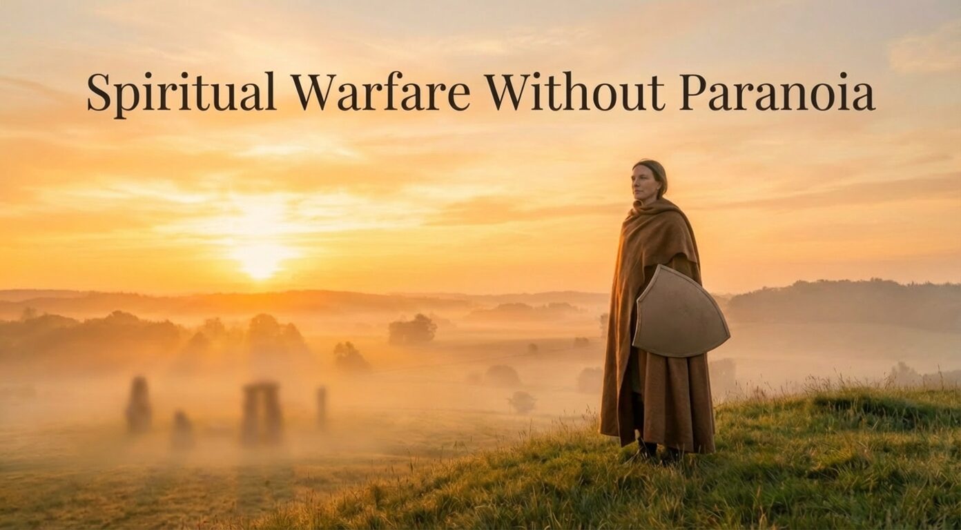 A believer standing calmly on a hill at sunrise holding a resting shield, overlooking a peaceful valley, symbolizing spiritual vigilance under Christ’s reign.