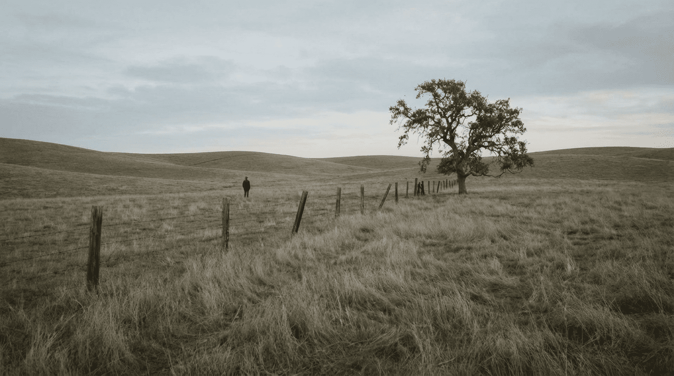 A lone figure stands in a wide grassy field near a weathered fence and solitary tree under a muted, overcast sky.