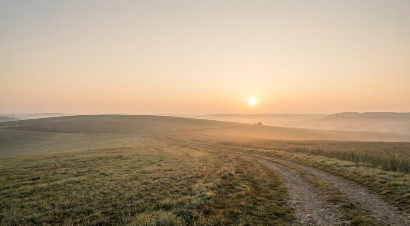 Sunrise over rolling hills with a winding dirt path, symbolizing steady waiting without urgency