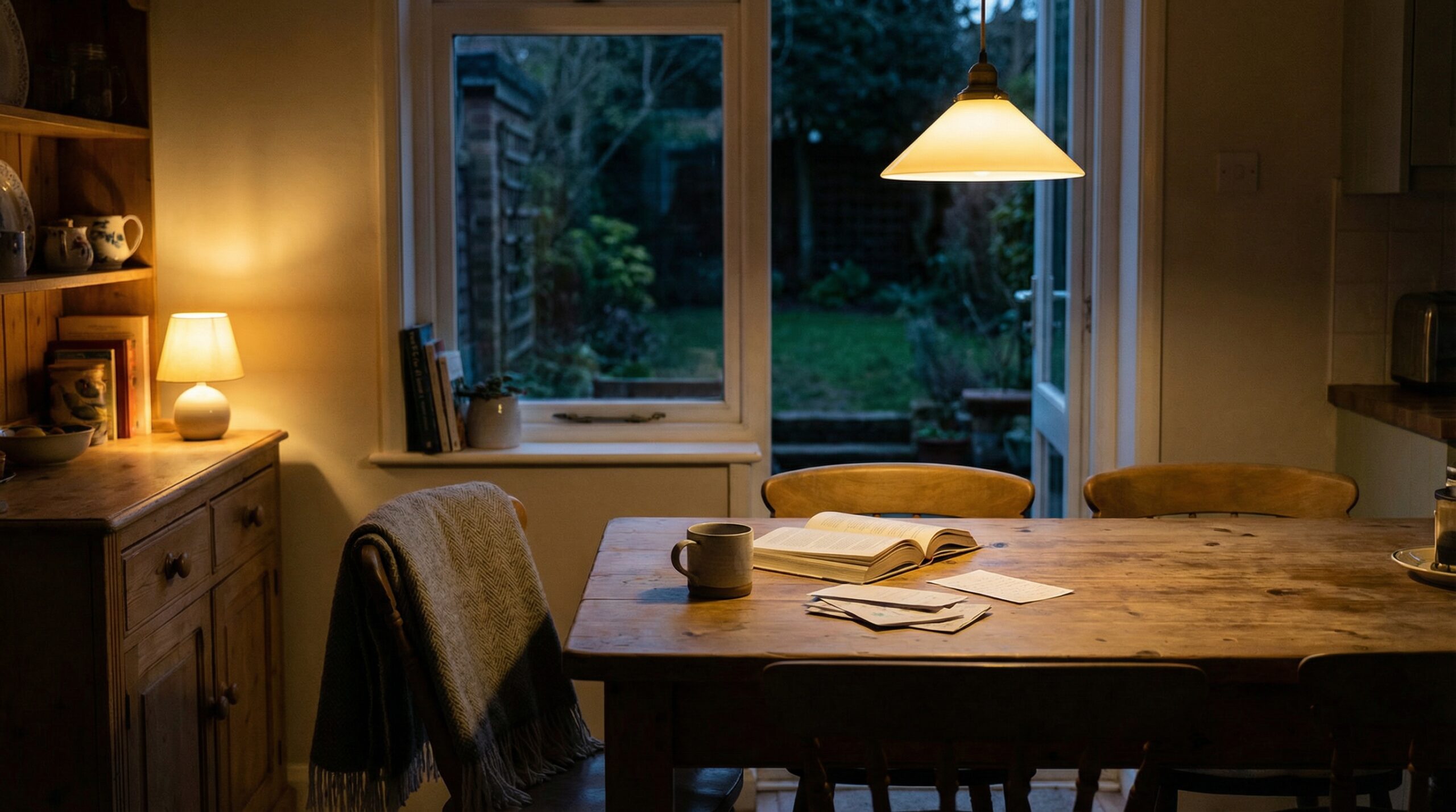 Warm kitchen table with open book, mug, and draped chair under pendant lamp with garden view at dusk. Showing what witness looks like when you've met Jesus.