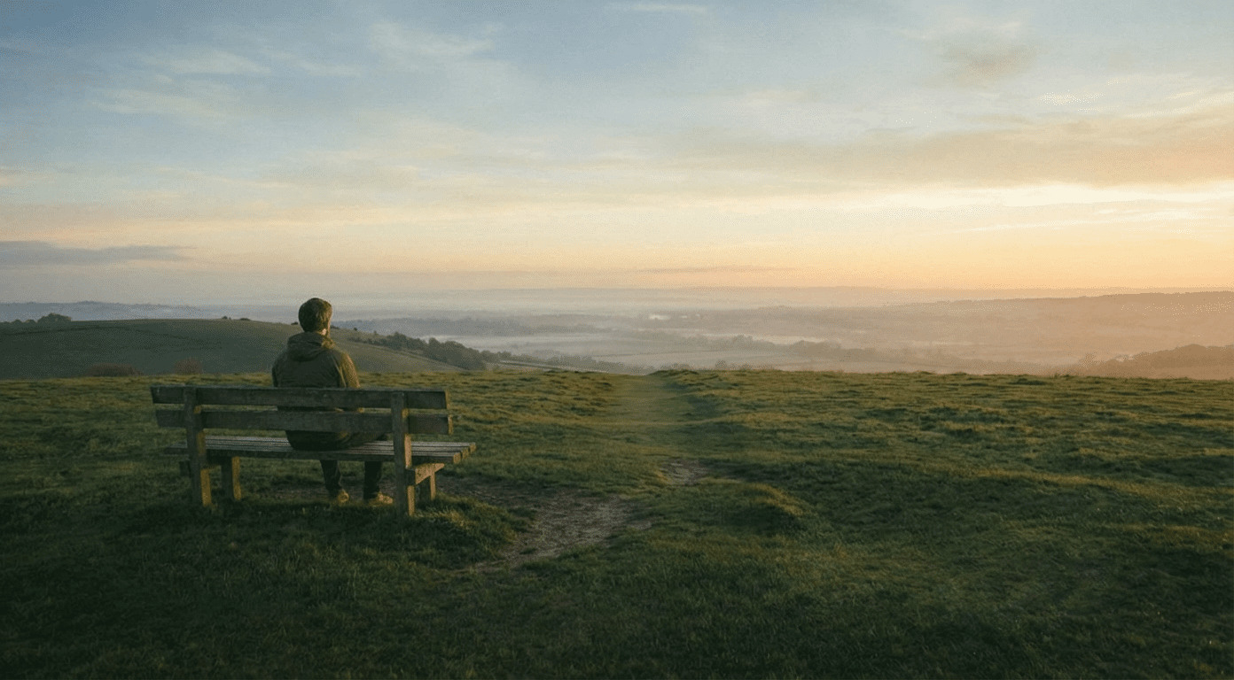 A person sitting on a bench overlooking a peaceful landscape with a path leading toward the horizon at sunrise, representing steady hope and calm faith