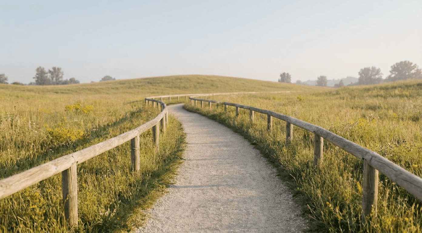 Wooden guardrails lining a gently curving gravel path through a quiet open field under soft morning light.