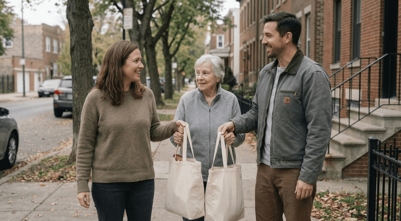 Christian couple helping an elderly neighbor carry groceries, illustrating faithful daily witness through ordinary acts of kindness