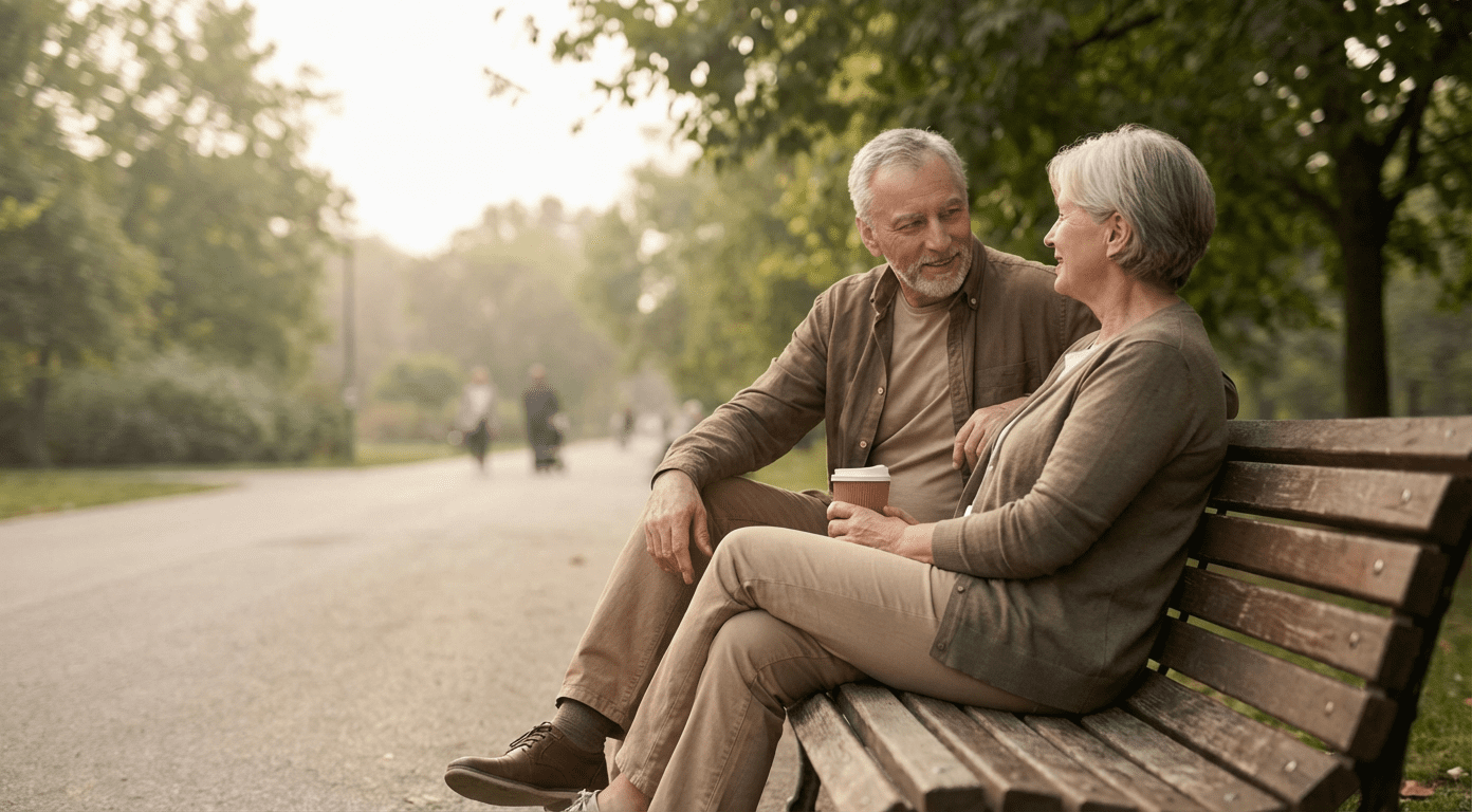 An older couple sitting on a park bench in quiet conversation, reflecting faithful Christian witness through relational presence.