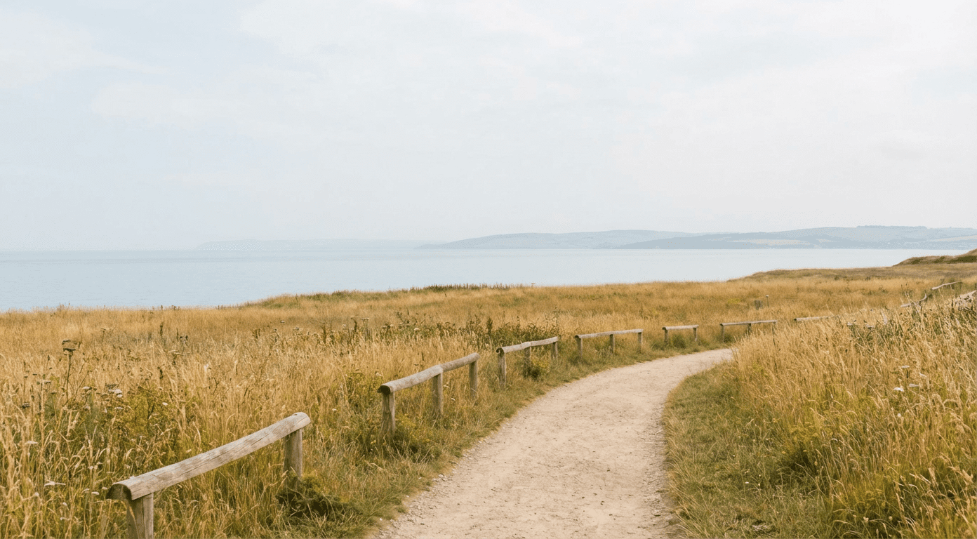 Low wooden guardrails lining a peaceful coastal path, symbolizing healthy boundaries in Christian witness and mission.