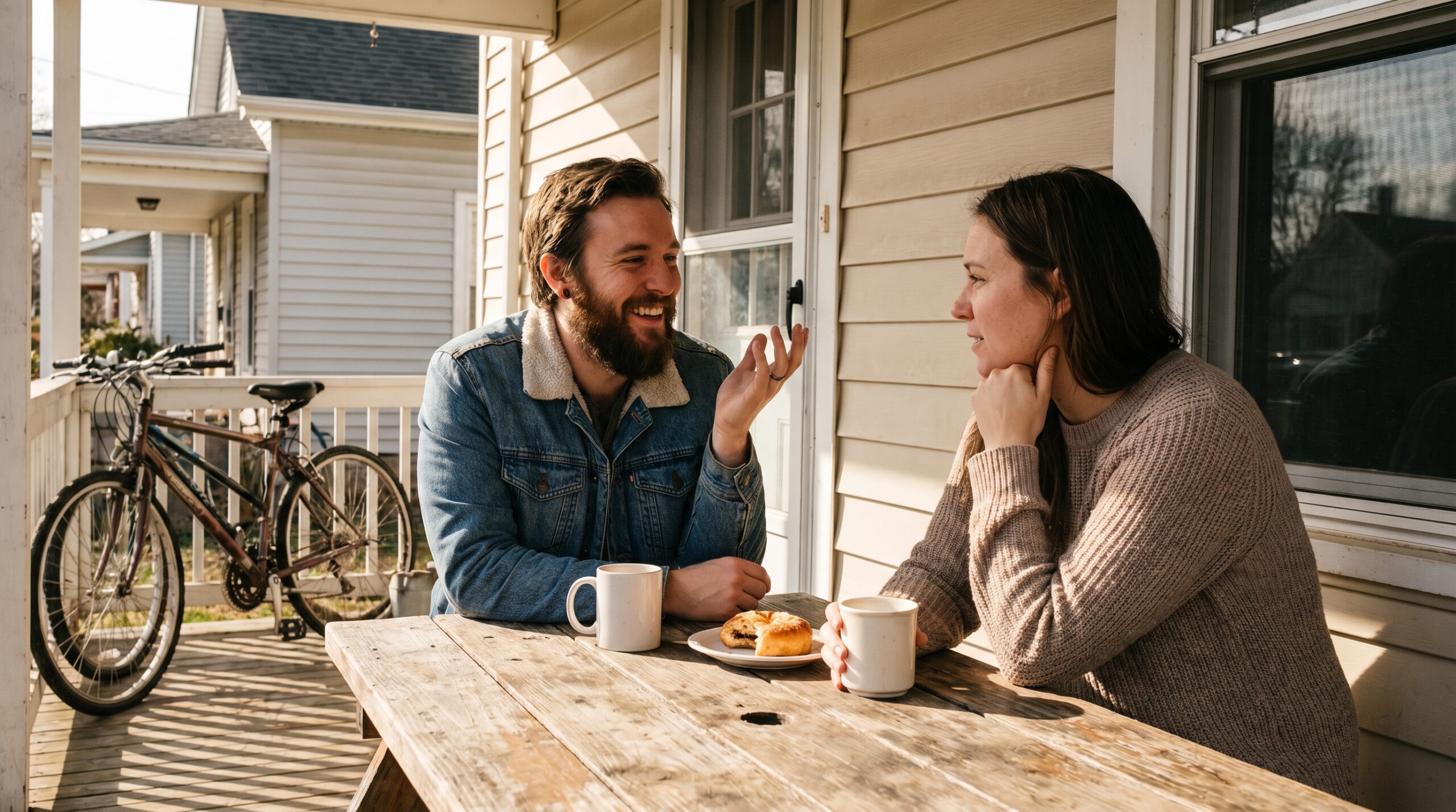 Man and woman in genuine conversation at a porch table with coffee mugs, neighborhood houses visible in the background, warm morning light
