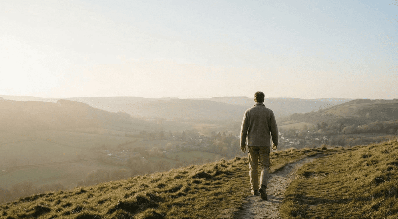A person walking along a path overlooking a quiet valley at sunrise, representing living faithfully as a citizen of God’s Kingdom