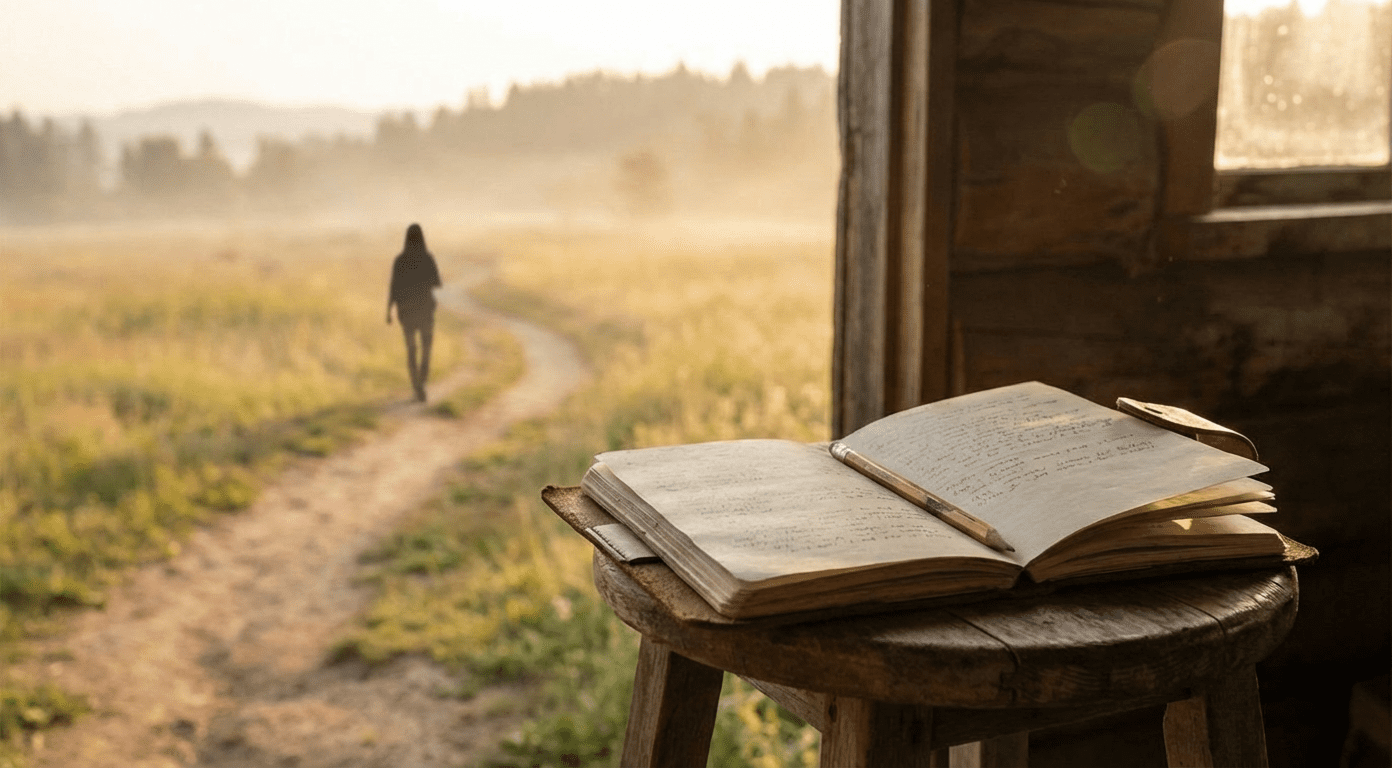 Open handwritten journal on weathered stool with silhouetted figure walking misty field path at golden hour
