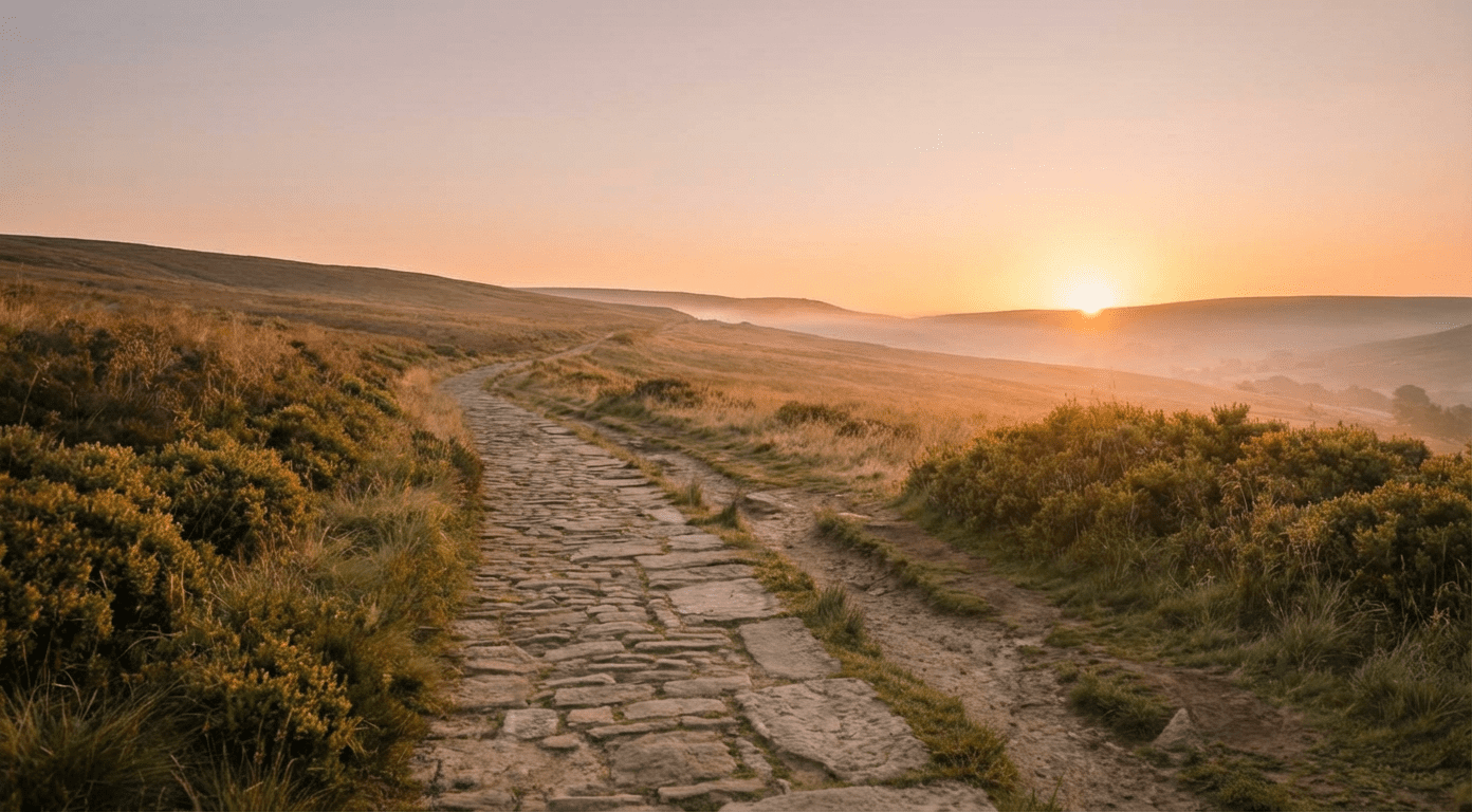 Morning light across an empty garden path at dawn