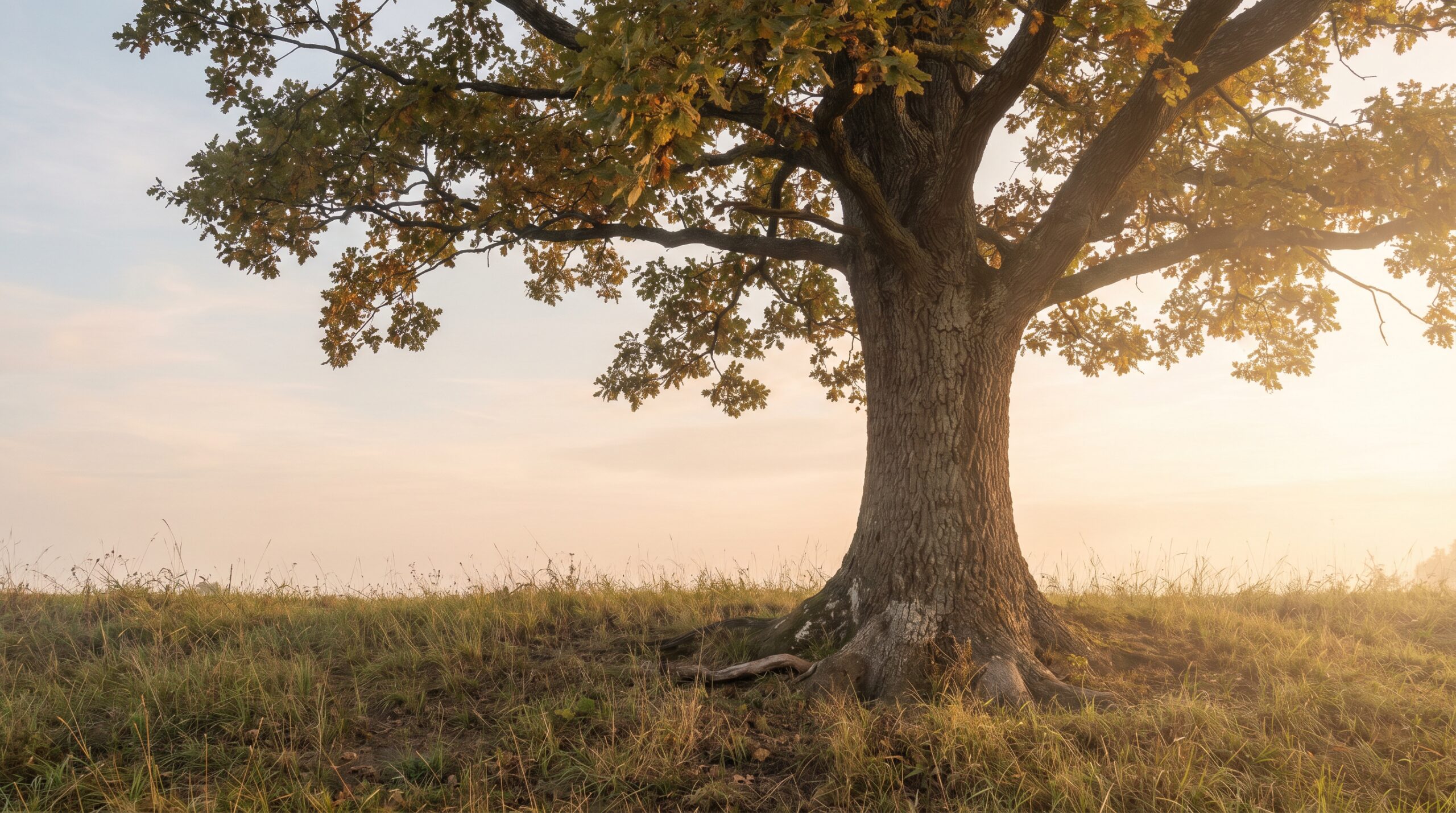 A solitary mature tree in warm golden light, rooted and still in an open landscape