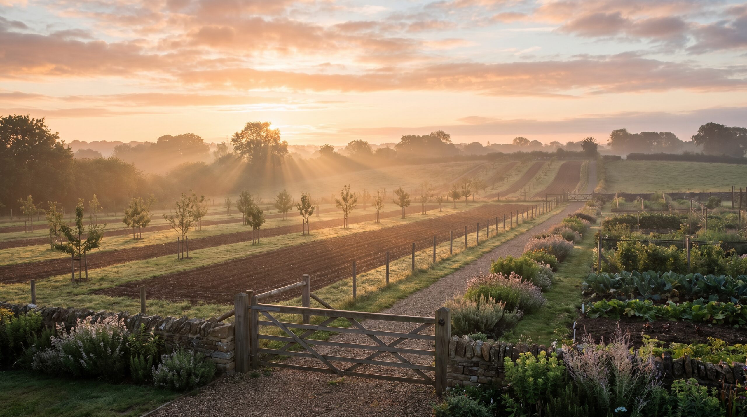 Rows of cultivated crops in warm morning light, a tended field stretching to the horizon