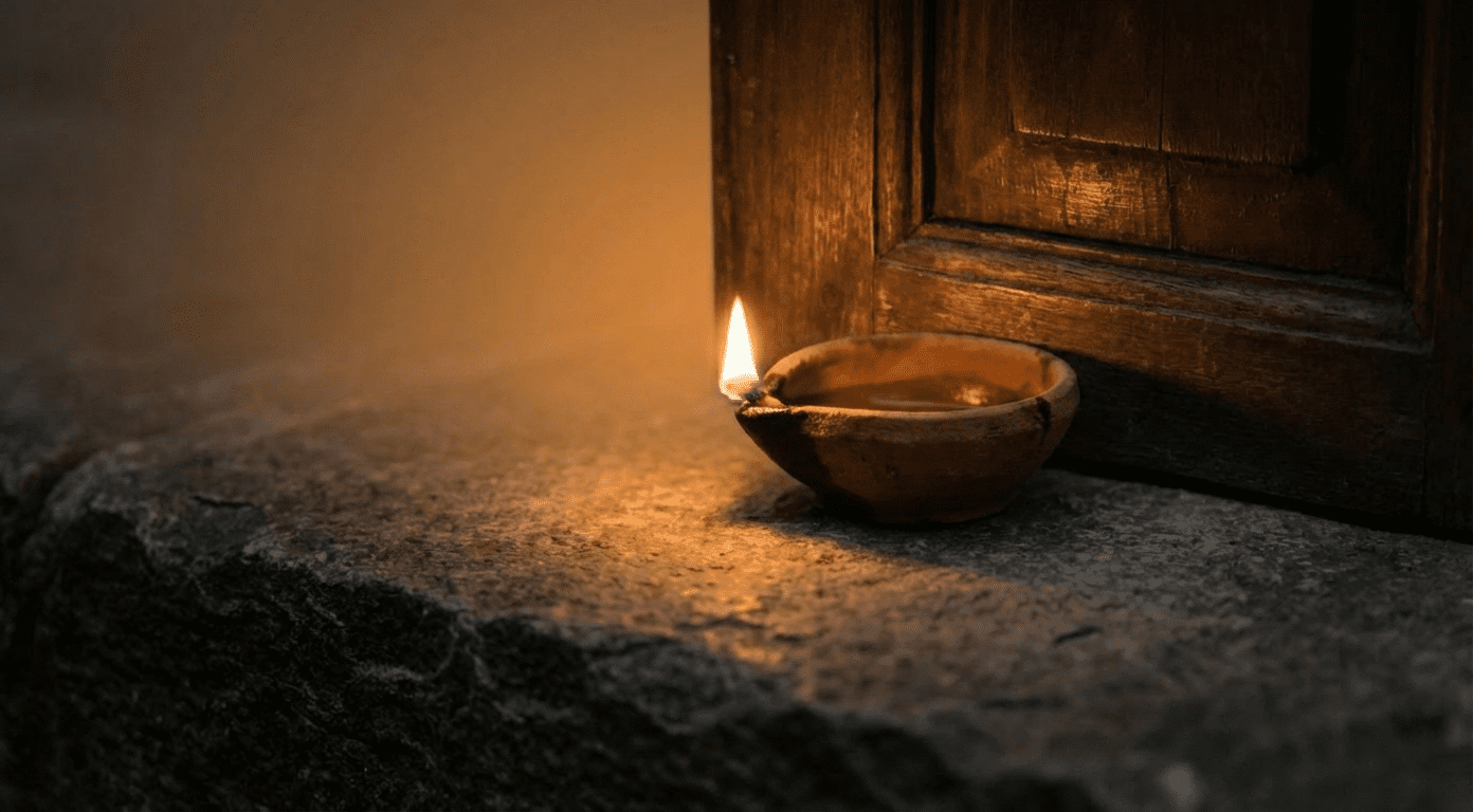 Ancient oil lamp burning with warm flame on stone threshold beside closed wooden door