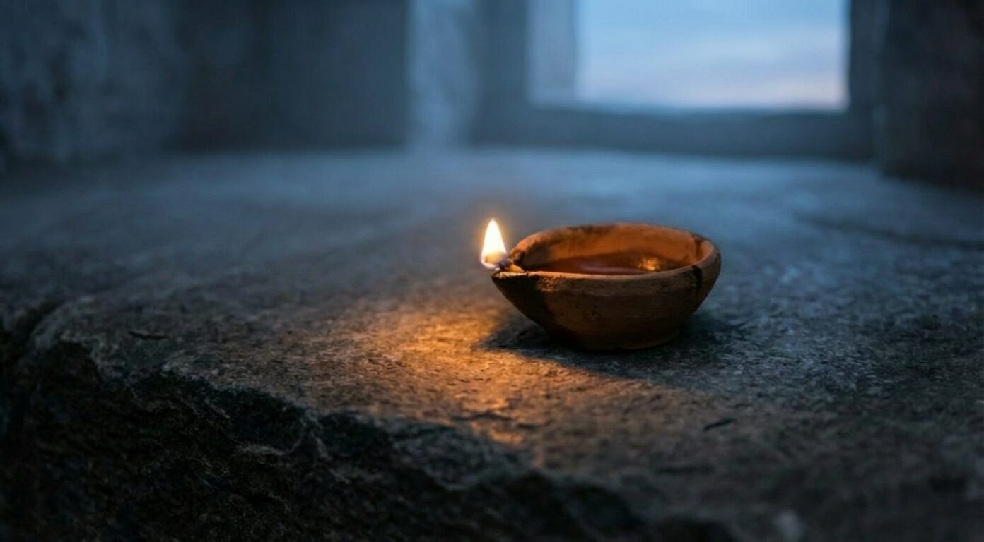 Ancient oil lamp burning with warm flame on stone surface with cool blue ambient light visible through background opening