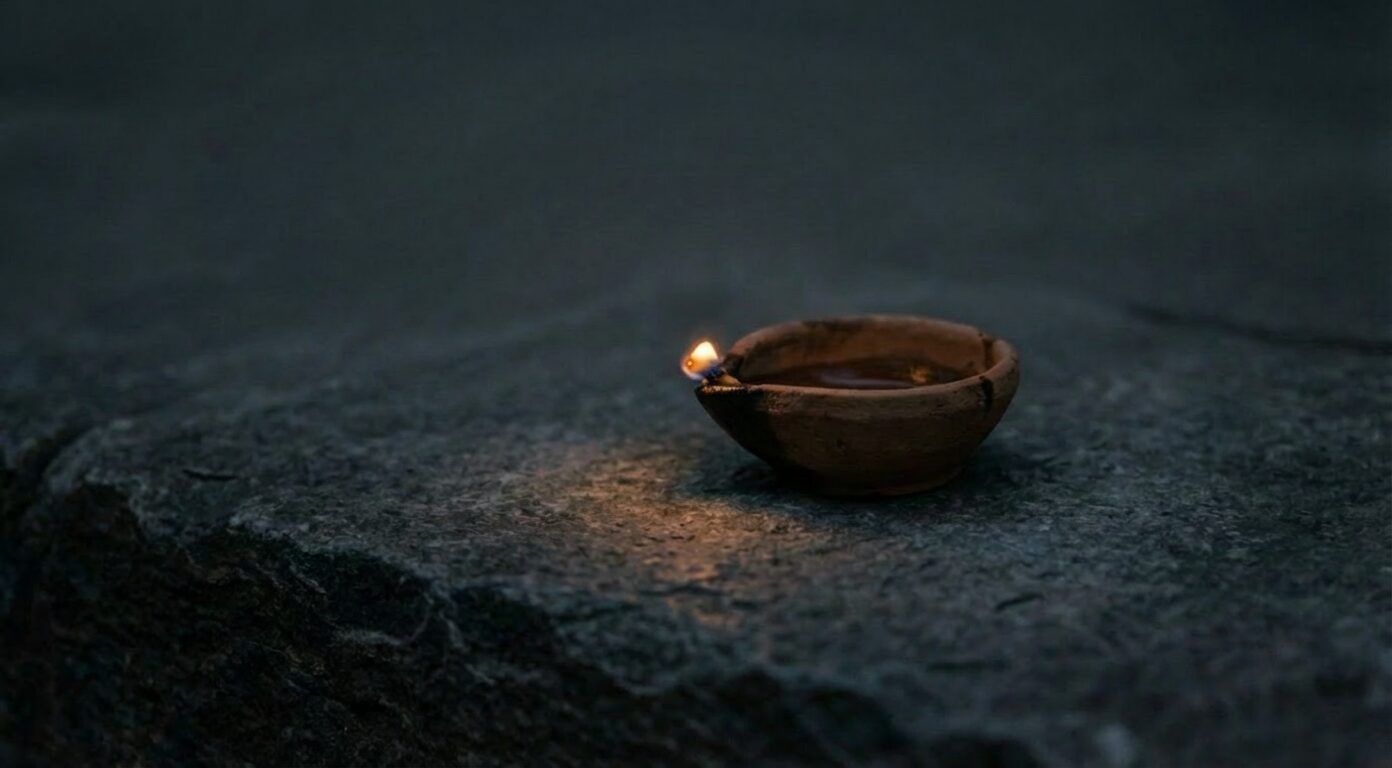 Ancient oil lamp with very small flickering flame barely burning on dark stone surface