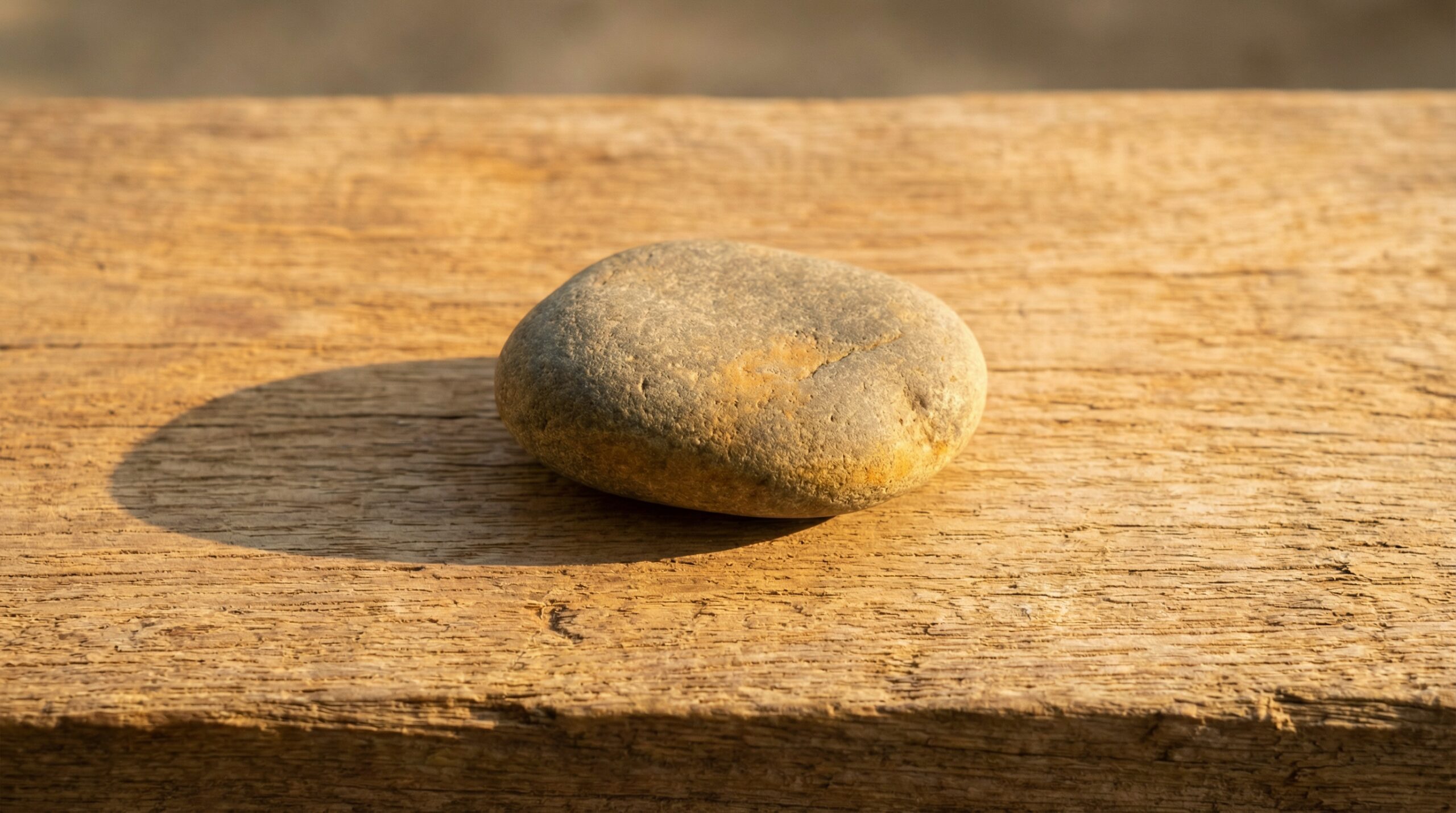 A smooth river stone resting on weathered wood in warm golden light