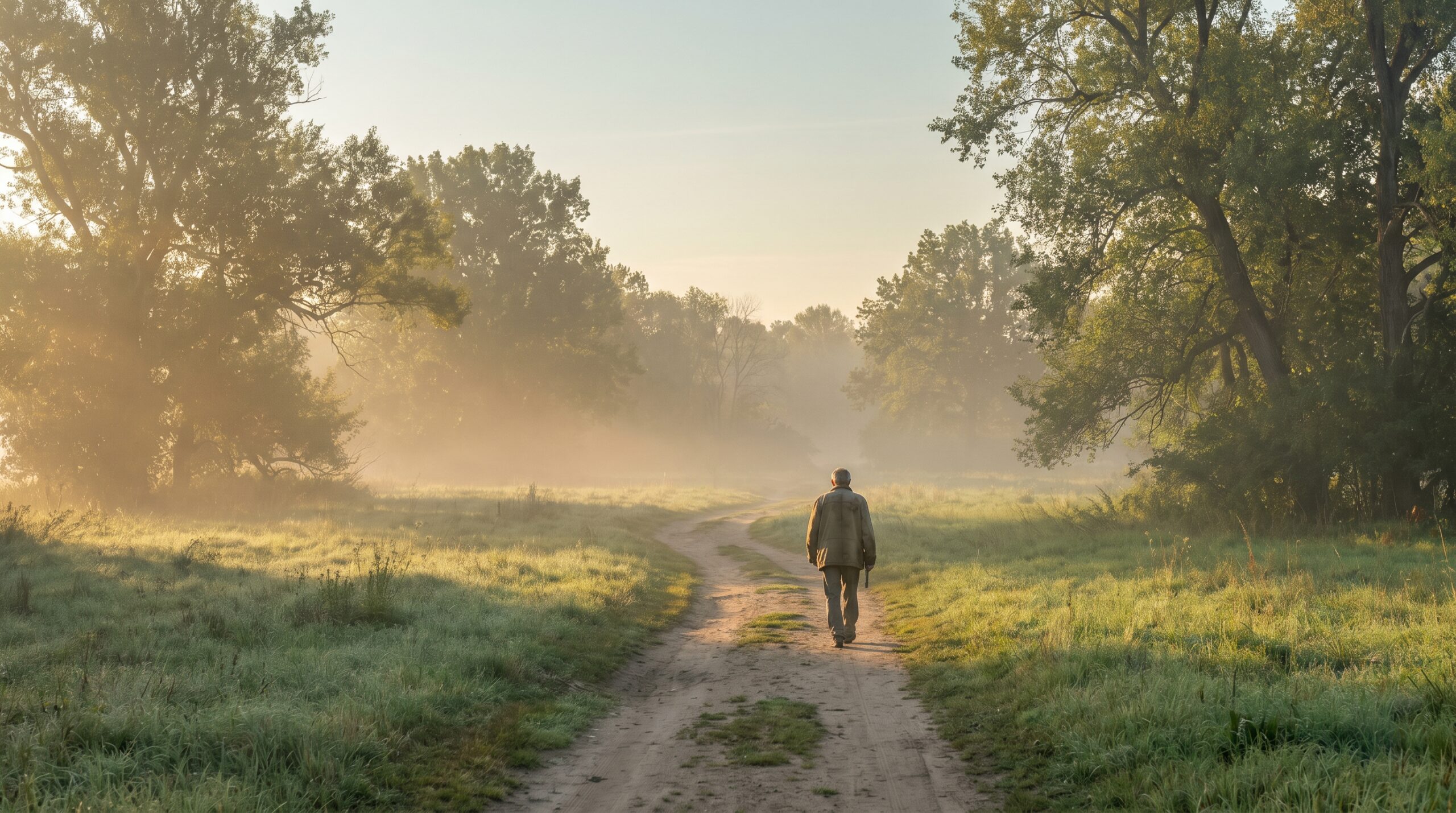 A quiet winding path in soft morning light, dew on the ground, open sky ahead