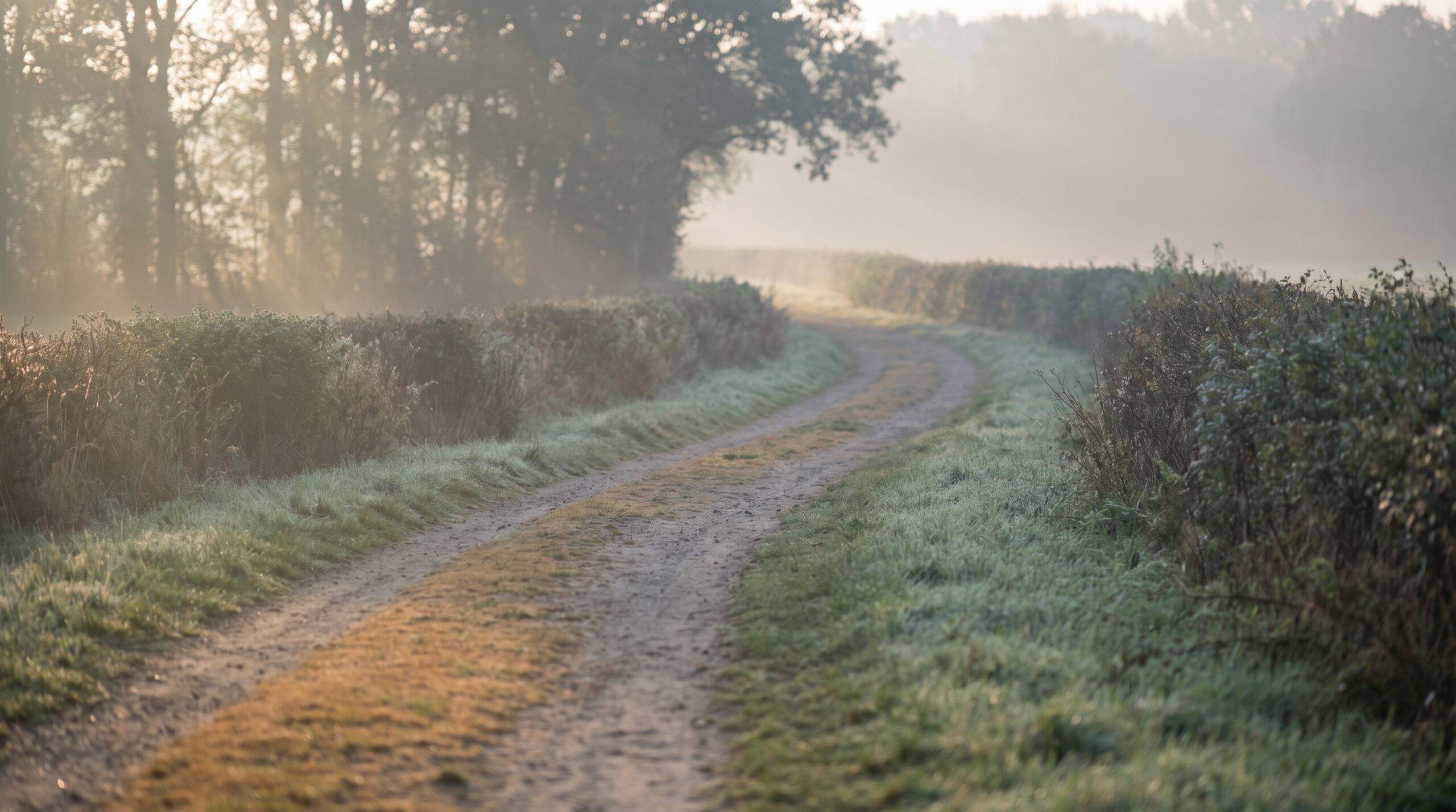 A dirt path winding through a misty morning landscape, the way ahead soft but continuing