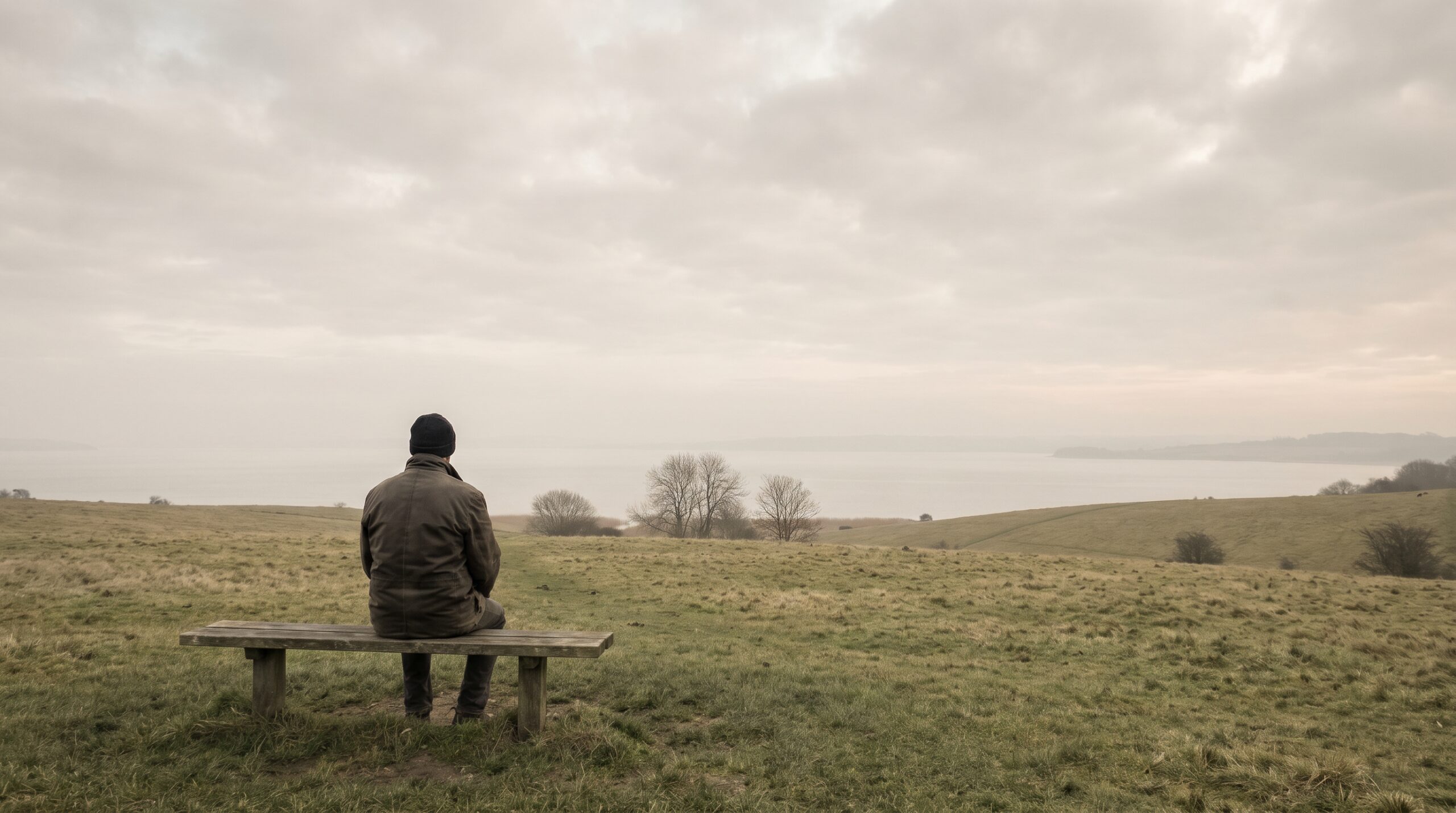 A person seated in a quiet landscape in soft morning light, small against the open sky
